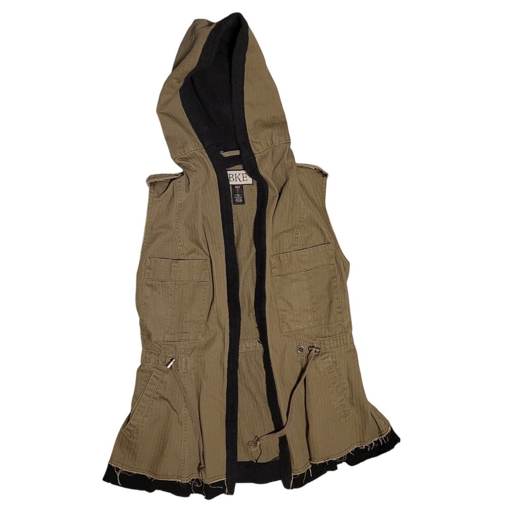 Buckle BKE Olive Canvas Hooded Pocketed Vest Womens Sz Small Sleeveless Raw Hem